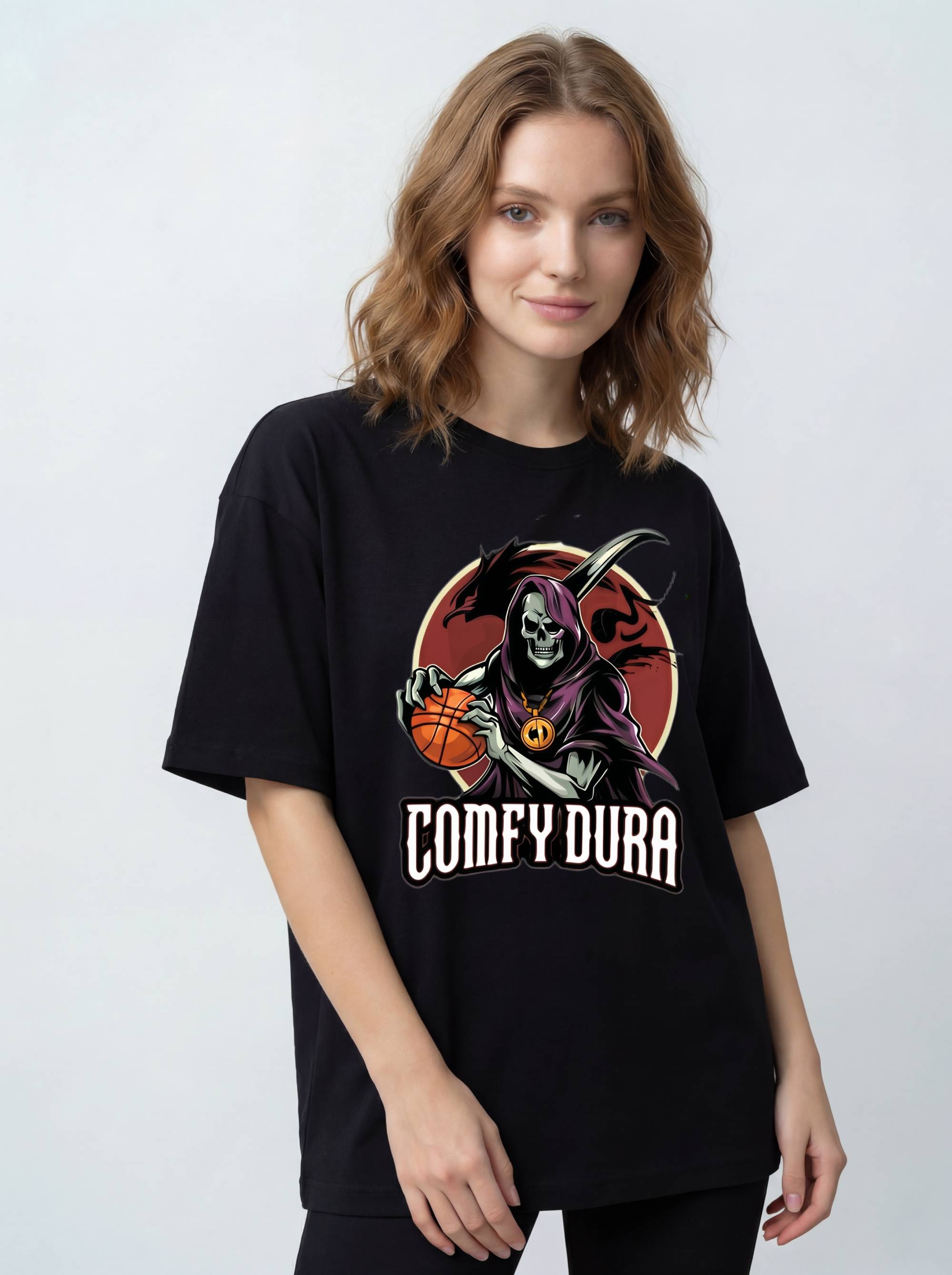 Comfy Dura Skeleton black t-shirt - Cotton T-Shirt Oversized Graphic Tee Heavyweight Fabric